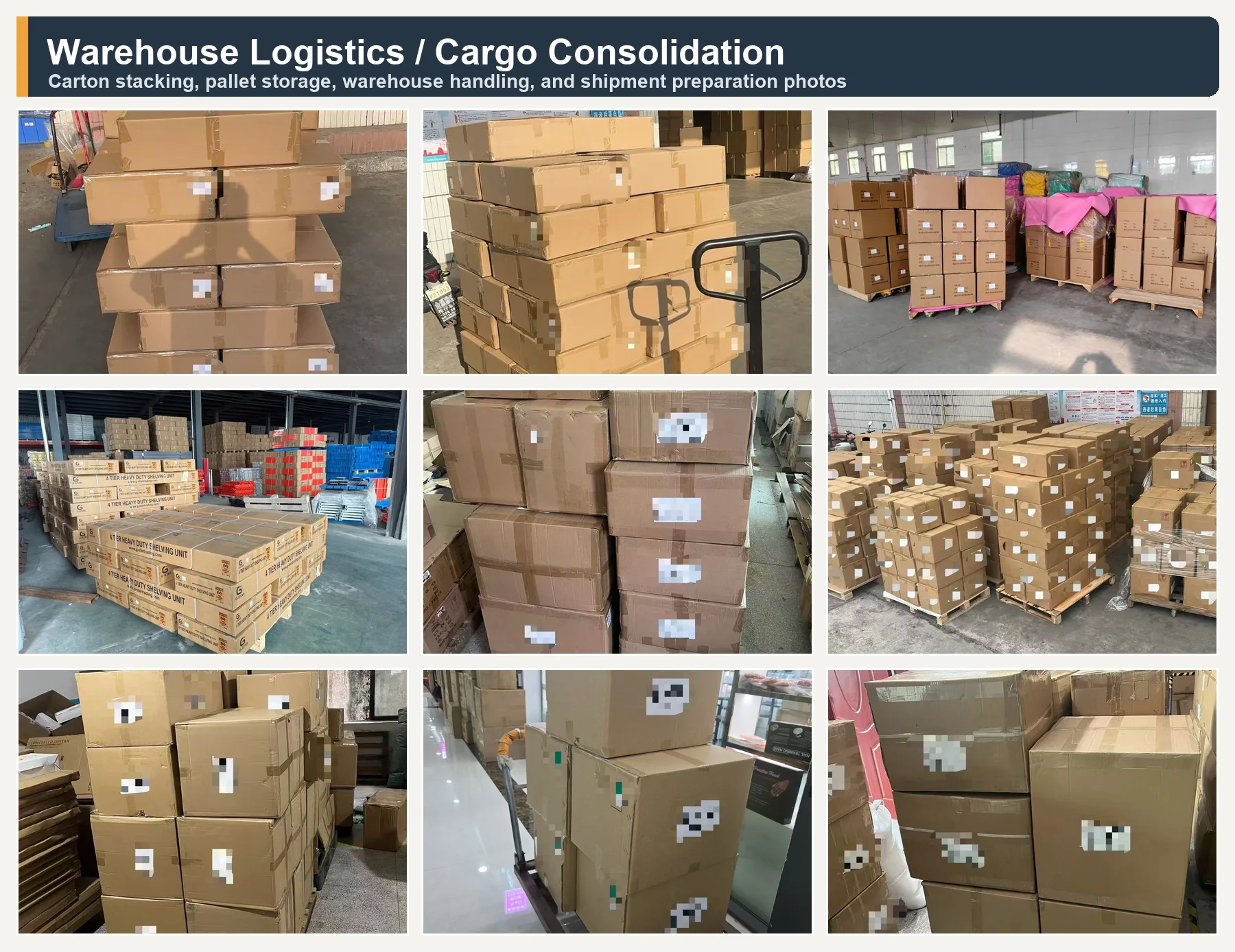 China warehouse logistics and cargo consolidation photo collage showing stacked cartons, pallets, warehouse storage, and shipment preparation