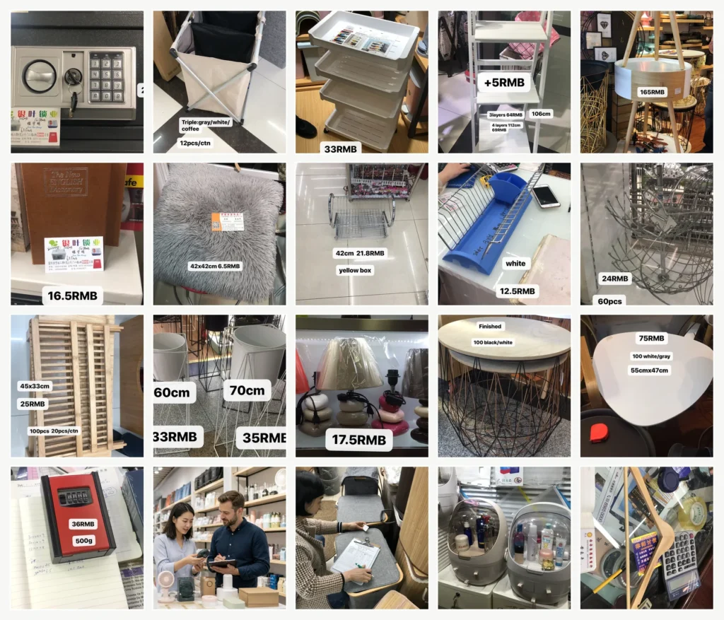 可以改成这个，更适合 SEO： Yiwu market home products sourcing collage featuring storage racks, lamps, tables, safes, cushions, cosmetic organizers, and wooden clothes hanger sample